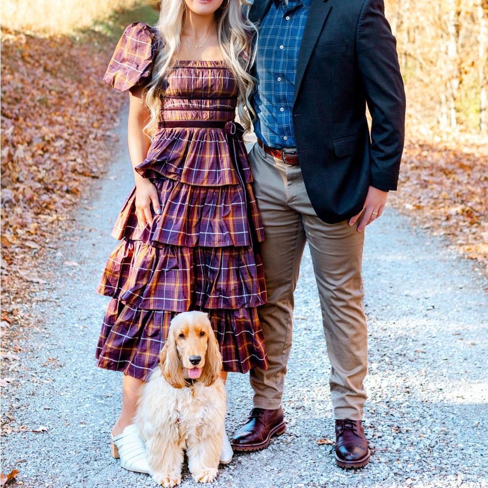 Antonio Melani Maisie Plaid Square Neck Puff Sleeve Tiered Ruffle Midi Dress